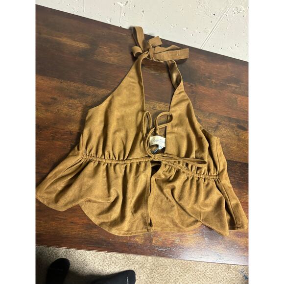 Your Favorite by PacSun Brown Suede-Style Halter Peplum Top – NWT – Size M - Picture 2 of 9
